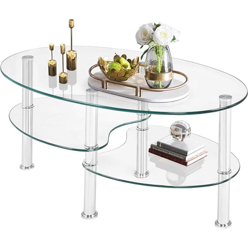 GOPLUS 3 Levels Glass Coffee Table, Oval Side Table with Metal Frame, Glass Table, Living Room Table for Living Room and Office, Modern Design (Transparent)