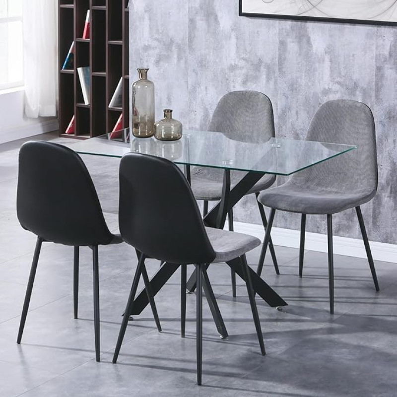GOLDFAN Glass Dining Table Set 4 Chairs Rectangular Dining Table and Velvet Backrest Dining Room Chair for Kitchen Living Room Office Grey