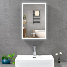 T&K LED Bathroom Mirror Cabinet with Lighting and Anti-Fogging 40 x 60 cm, with Time and Temperature Display, 3 Light Colours Adjustable, Socket and USB Plug, Aluminium Frame Bathroom Mirror Cabinet