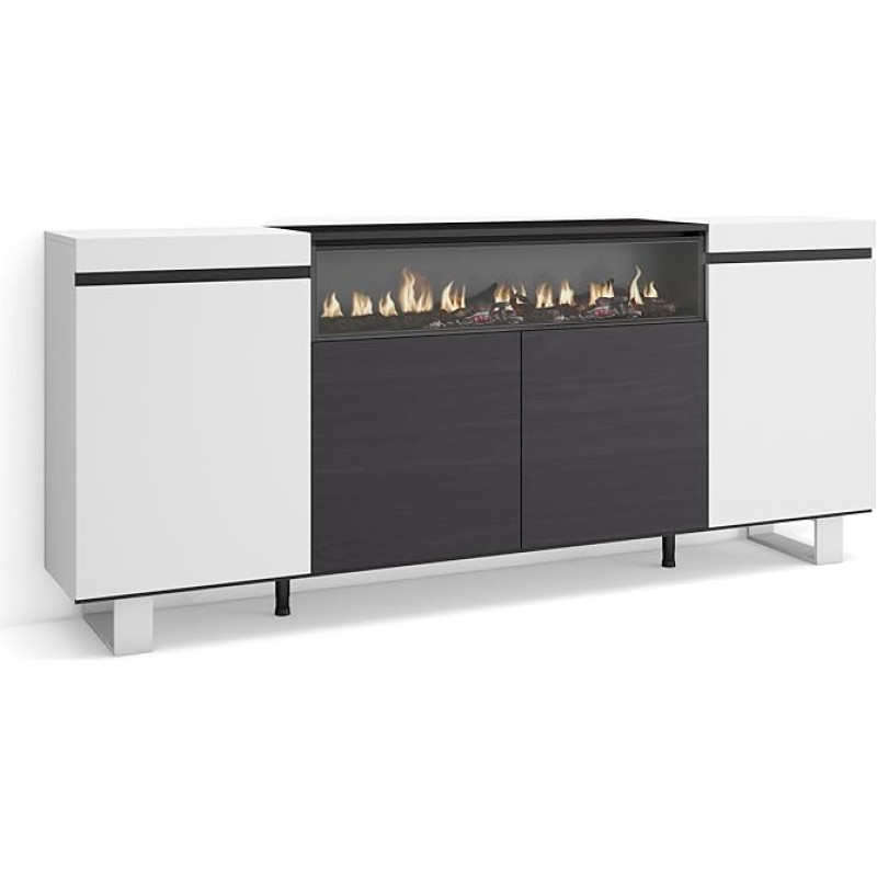 Skraut Home Sideboard, Highboard, Chest of Drawers, Comode Cabinet, 200 x 87 x 35 cm, 4 Doors, Electric Fireplace, Dimensions, Industrial Design, Modern Style, White and Black