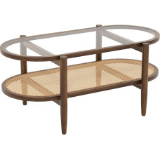 LIFEZEAL Glass Wooden Coffee Table, Living Room Table with 2 Levels, Sofa Table, Glass Table Made of Solid Wood, Oval Tea Table with Rattan for Living Room, Bedroom, Office, 102 x 46 x 47 cm