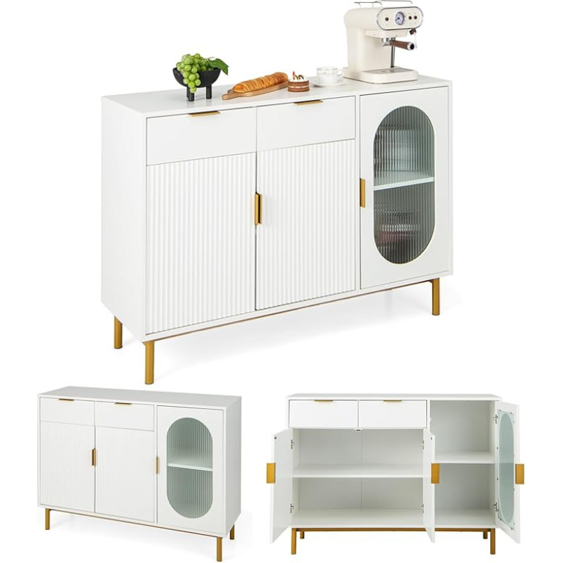 KOMFOTTEU Kitchen Cupboard, Sideboard, White, Buffet Cabinet with Glass Door and Metal Legs, Wooden Standing Cabinet with 2 Drawers and Door Cabinets, Side Cabinet for Dining Room, Living Room, 120 x