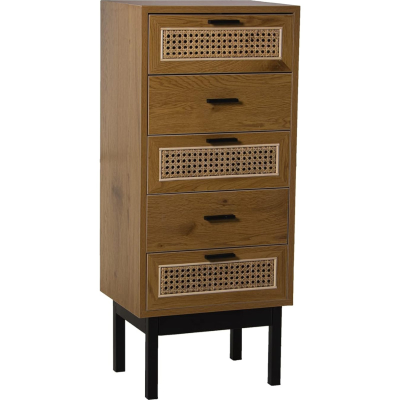 DRW Sinfonier with 5 Drawers Made of MDF, Willow and Metal in Natural and Black, 40 x 30 x 93 cm, Multicoloured, Standard