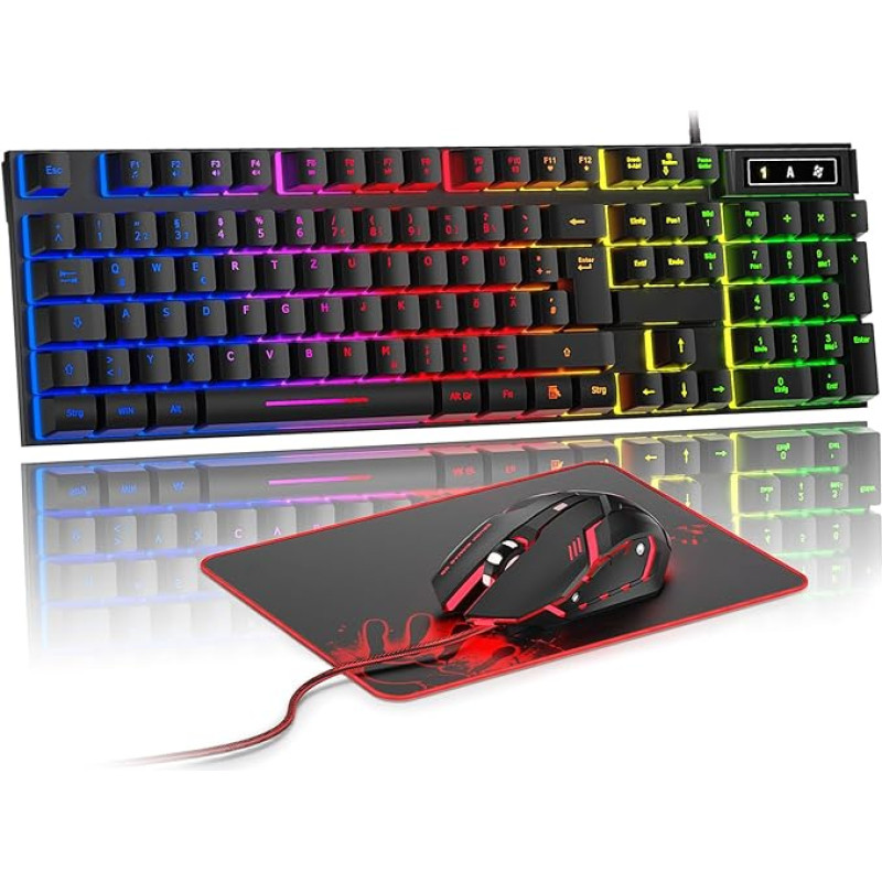 Rewurnth Gaming Keyboard and Mouse Set, QWERTZ DE Layout, RGB Backlit Wired Keyboard, Ergonomic 4-Colour LED Gaming Mouse, Large Mouse Mat, USB Plug & Play for PC PS4 Xbox