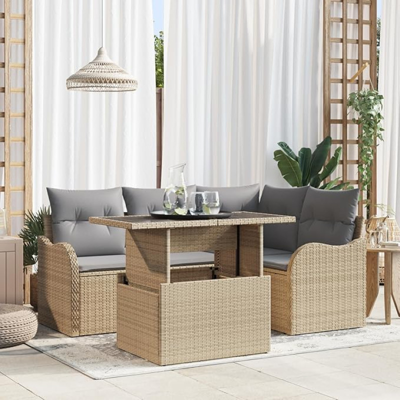 Rantry 5-teiliges Garten-Sofa-Set mit Kissen Beiges Poly Rattan, 2-Sitzer Garten-Sofa mit Kissen Beiges Poly Rattan Gartenlounge Model3348456