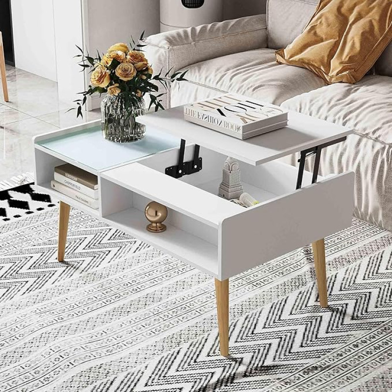 Makika Extendable Coffee Table with Height-Adjustable Top and Hidden Storage Space Sofa Table Coffee Table Side Table Wooden and Glass TV Table Living Room Furniture Table White