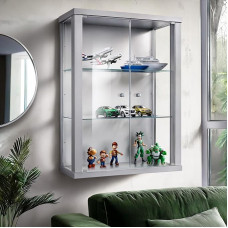K-Möbel Glass Hanging Display Cabinet (80 x 60 x 25 cm) - Made in Germany - Glass Display Case Hanging with 2 Height-Adjustable Glass Shelves Made of ESG in Silver/Aluminium - Cabinet with Glass Doors