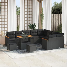 Rantry 12-teiliges Garten-Sofa-Set mit Kissen Schwarz Poly-Rattan Akazie Gartenlounge Model3363084