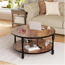 Round Coffee Table Couch Sofa Table Made of Wood, Roman Column Legs, Coffee Table with Storage Space and Shelf for Living Room, Easy Assembly Living Room Table, Modern Style, 68 x 68 x 45 cm
