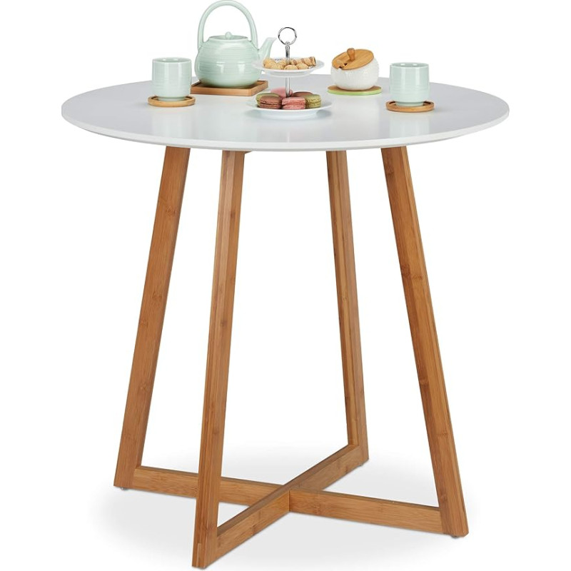 Relaxdays Round Scandinavian Dining Table with Cross Legs, 2 People, Bamboo & MDF, Kitchen Table, H x D 75 x 80 cm, White/Natural