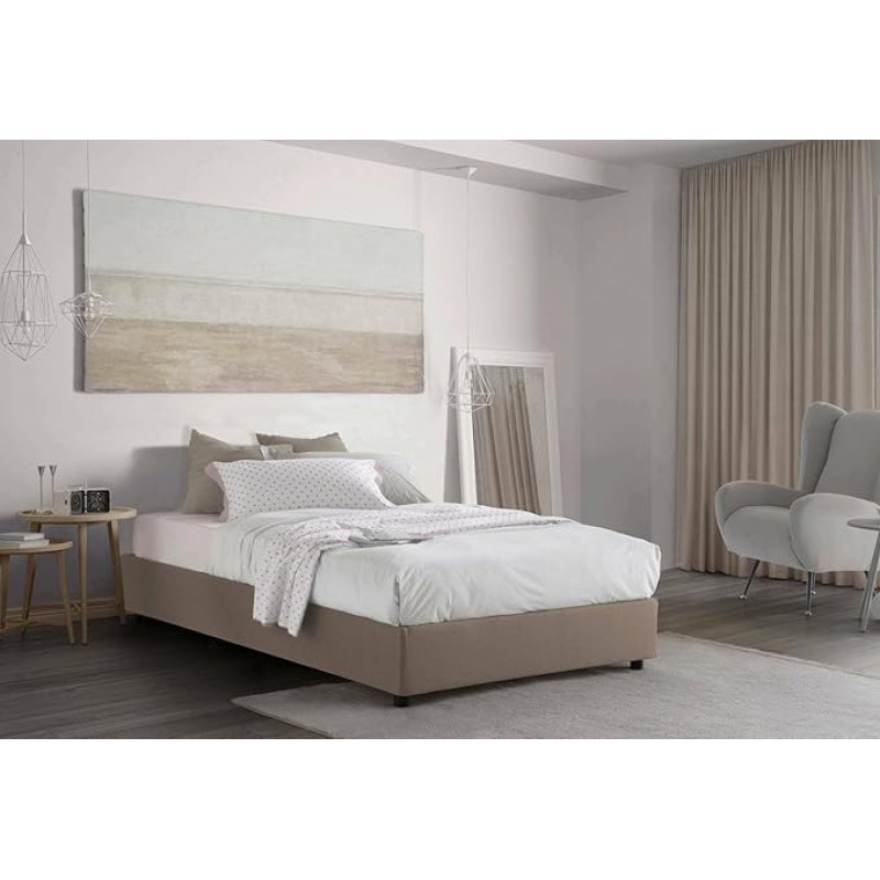 Talamo Italia - Gaia Square and Half Bed, Container Bed with Fabric Cover, 100% Made in Italy, Side Opening, Includes Mattress Cm 120x190, Turtledove
