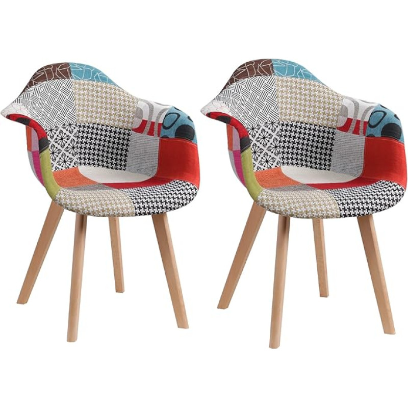 EGOONM Set of 2 Patchwork Linen Dining Chairs Ideal for Dining Room, Living Room, Coffee Shop, Etc (Red)