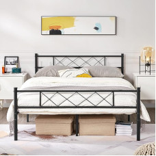 Yaheetech Modern Metal Bed 140 x 200 cm Bed Frame with Slatted Frame, Double Bed/Single Bed, Bed Frame with Headboard, Guest Bed, Youth Bed for Bedroom, Guest Room, Black