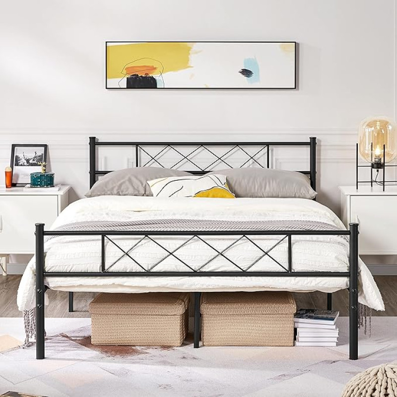 Yaheetech Modern Metal Bed 140 x 200 cm Bed Frame with Slatted Frame, Double Bed/Single Bed, Bed Frame with Headboard, Guest Bed, Youth Bed for Bedroom, Guest Room, Black