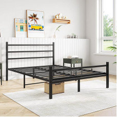 JURMERRY Double Bed Frame 135 x 190 cm Solid Metal Modern Style with Large Storage Space, Black