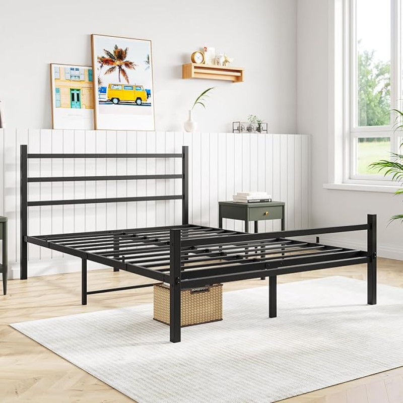 JURMERRY Double Bed Frame 135 x 190 cm Solid Metal Modern Style with Large Storage Space, Black