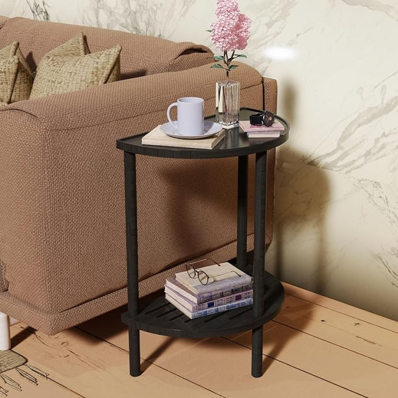 Skovtree Side Table, Half Moon Side Tables Living Room Semicircular 2-Tier Table for Small Space Living Room Bedroom Coffee Tables with Storage Shelf (Black)