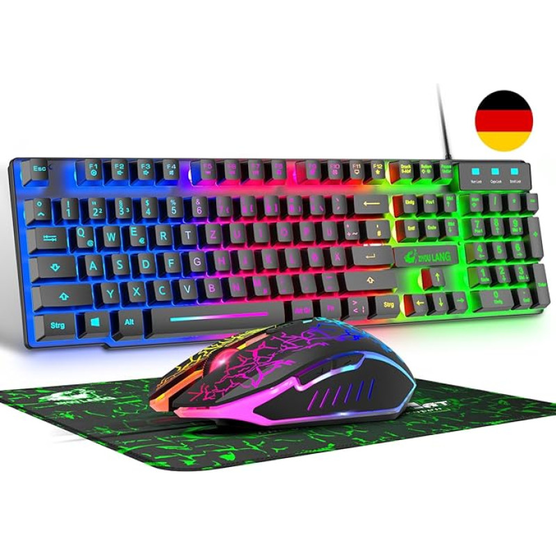 QWERTZ German DE Layout Wired Gaming Keyboard and Mouse Set 104 Keys LED Rainbow Colours Illuminated 2400 DPI 6 Button Mouse Keyboard and Mouse Compatible with PC PS5 PS4 Xbox Black