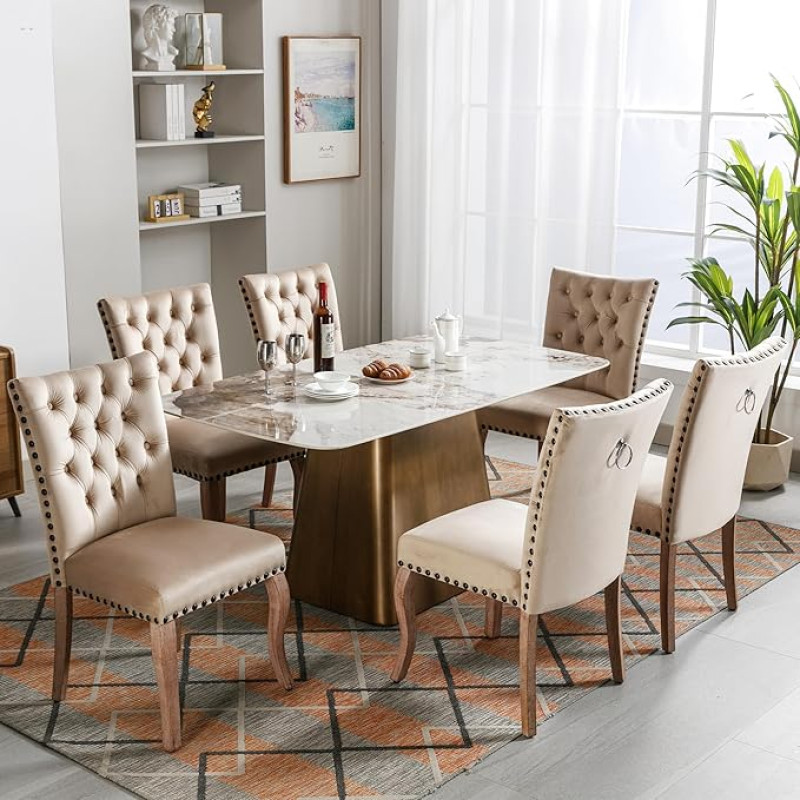 DRIXNO Dining Room Chair (Kitchen Chair Living Room Chair with Unique Door Knocker on the Back, 6 Pieces), Upholstered Chair with Nail Head Trim, Solid Wood Legs, Velvet Cover, Light Camel