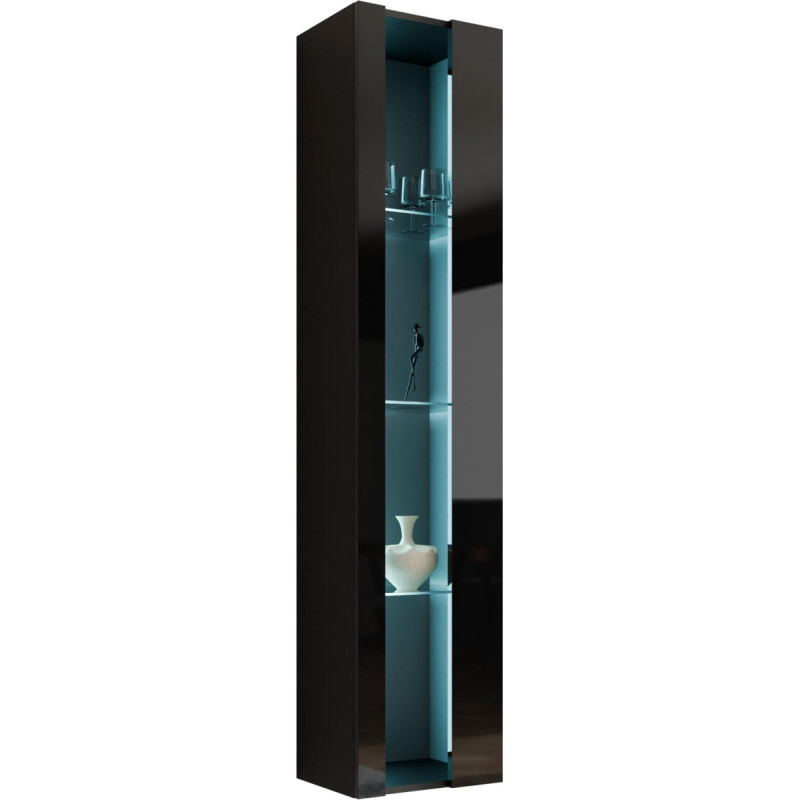 Vigo New 180 Hanging Display Cabinet with Glass Shelves Display Cabinet Choice of Colours Storage Cabinet Tall Cabinet Living Room Highboard Cabinet (with Blue LED Lighting, Black/Black High Gloss)