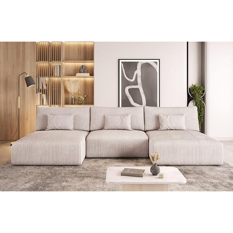 MODULO U Sofa with Sleep Function and Bed Box - Modular Living Landscape U-Shape - Comfortable Sofa Bed - Big Sofa with Pillow - Modern Couch 315 x 152 x 80 cm - Cream - Poso 100 - Moderno