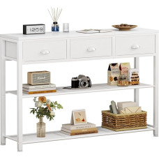 Furologee White Entrance Table 38 Inch Console Sofa Table with 3 Fabric Drawers Industrial Entrance Table with Shelves Display Shelf for Living Room Hallway Entrance Foyer