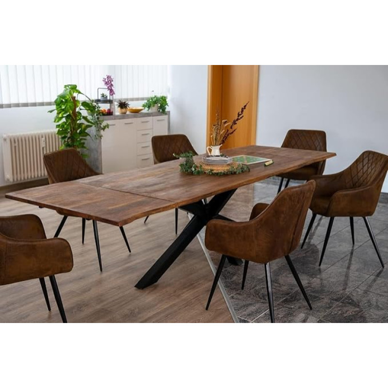 SAM Jannik Dining Table with Wane, 140 (220) x 90 cm, Solid Acacia Wood and Nougat Colour, Includes 2 Attachment Plates 40 x 90 cm, Real Wane, Spider Metal Frame in Black