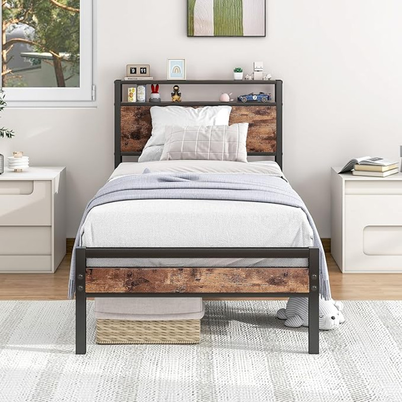 HOJINLINERO Single Bed Frame with Headboard, Single Metal Bed Frame, Heavy Duty Single Beds, Strong Steel Slatted Support, Mattress Base, Underbed Storage, Easy Assembly, Black/Brown