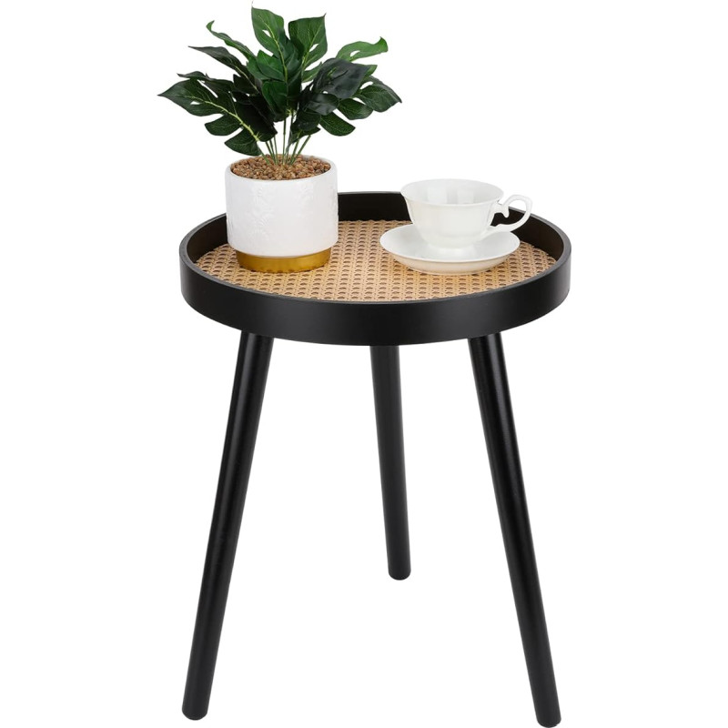 Round Rattan Side Table Black Small Accent Table Modern Boho Bedside Table Mid Century Patio Side Tables for Living Room Bedroom Office Balcony