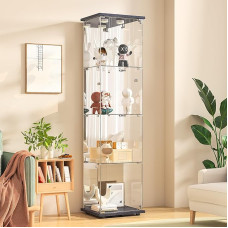 DADEA Mirror Glass Display Cabinet, 4 Shelves Glass Cabinet Display Cabinet, 42.5 × 36.5 × 164 cm, 1 Door Curio Cabinets with Light and Lock, Floor Standing Glass Storage Cabinet for Home Office