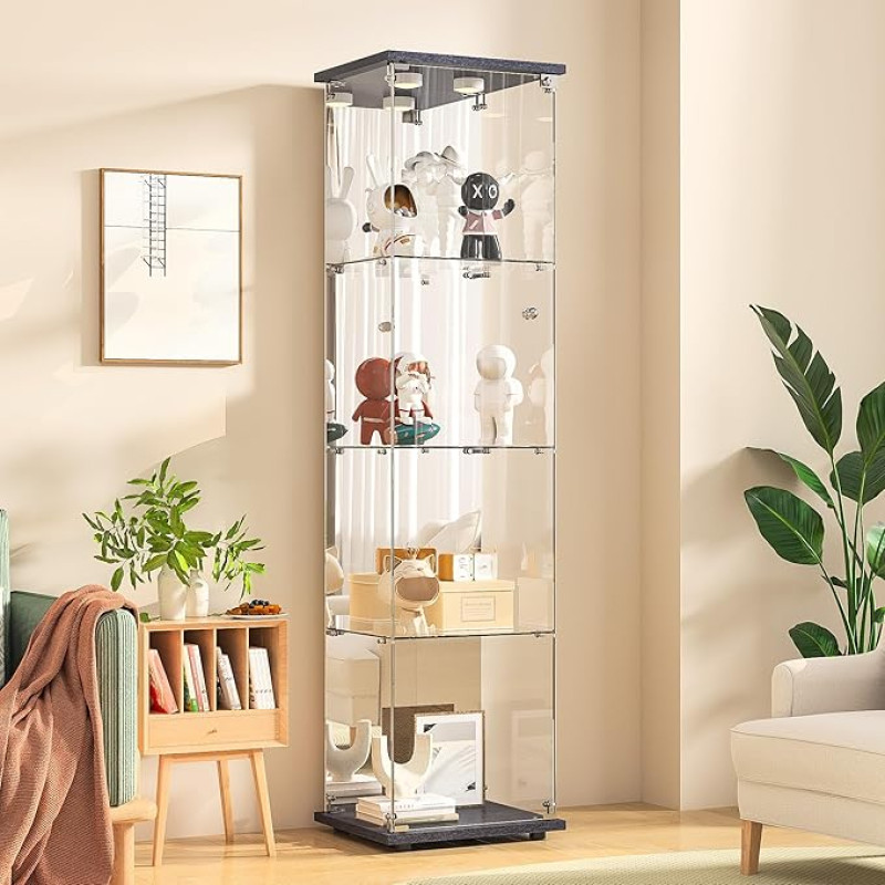 DADEA Mirror Glass Display Cabinet, 4 Shelves Glass Cabinet Display Cabinet, 42.5 × 36.5 × 164 cm, 1 Door Curio Cabinets with Light and Lock, Floor Standing Glass Storage Cabinet for Home Office