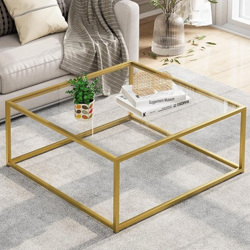 Glass Coffee Table, Small Square Coffee Table for Living Room, Simple Modern Center Table for Small Spaces, Gold Living Room Tea Table, Easy Assembly, 26 x 26 Inch (Gold and Clear Glass)