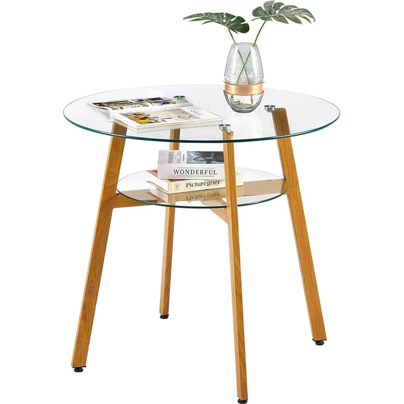 IPOTIUS 80 cm Round Glass Dining Table, Scandinavian Kitchen Table, Coffee Table for 2 / 4 People, with Metal Legs, Oak Finish, 80 x 75 cm