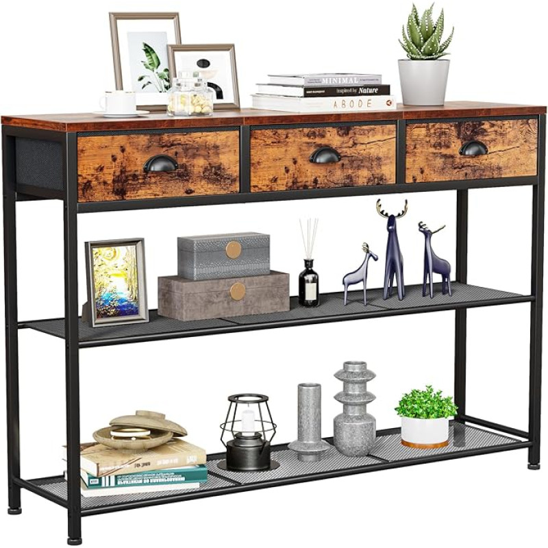 Furologee Entrance Table 38 Inch Console Sofa Table with 3 Fabric Drawers Industrial Entrance Table with Shelves Display Shelf for Living Room Hallway Entrance Foyer Rustic Brown