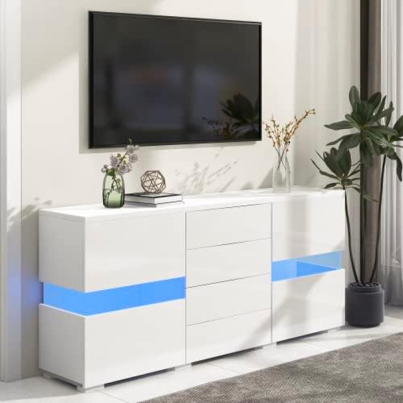 SogesHome Sideboard High Gloss Dressers & Sideboards White Sideboard Storage Cabinet Unit with 16 Colours LED Lights for Dining Room Living Room 140 x 35 x 72 cm
