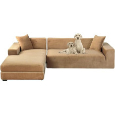 JHOMHF Velvet Sofa Covers for L-Shaped Sofas, 2-Piece Set, Stretch Protective Cover with Elastic Bottom for Sofas, Soft Furniture Protection (Camel Colour, Five-Seater 310-350 cm)