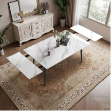 OLEYLUCKIDEA Modern Extending Dining Table 6 to 10 Seater Kitchen Table Marble Effect Dining Room Table for Dining Room Kitchen White Extendable from 160-240cm