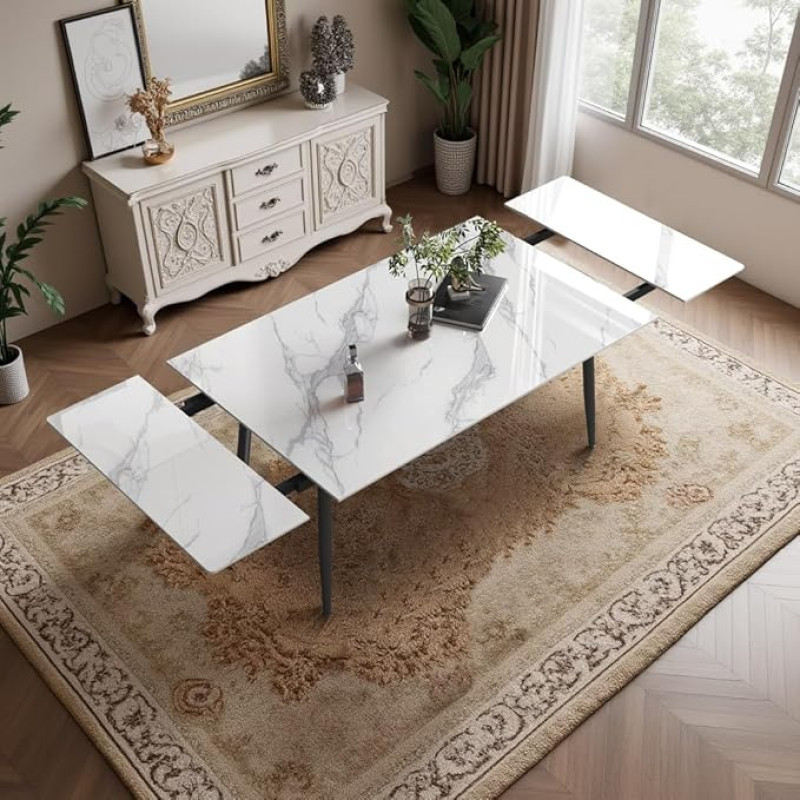 OLEYLUCKIDEA Modern Extending Dining Table 6 to 10 Seater Kitchen Table Marble Effect Dining Room Table for Dining Room Kitchen White Extendable from 160-240cm
