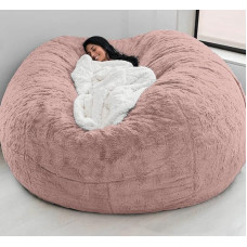Giant Bean Bag Cover for Kids and Adults (Without Filling) Large Round Bean Bag Made of Soft Fluffy Faux Fur (Light Pink, 7ft)
