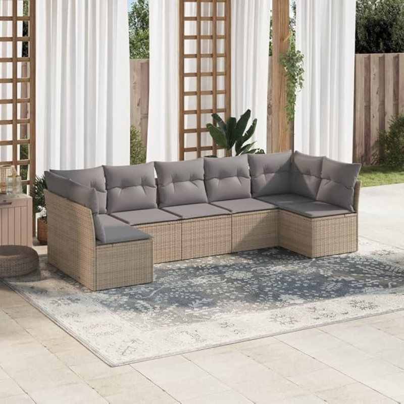 SKM 7-TLG. Garten-Sofagarnitur mit Kissen Beige Poly Rattan,Möbel, Gartenmöbel, Gartenmöbel-Sets,Beige,60.6KG,3249268