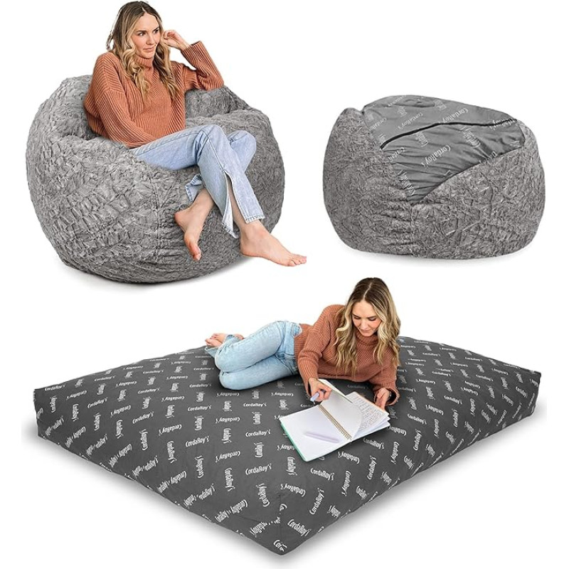 CordaRoy's Pear Shape Convertible Faux Fur Bean Bag Bean Bag to Sun Lounger - Shark Tank Grey Super King