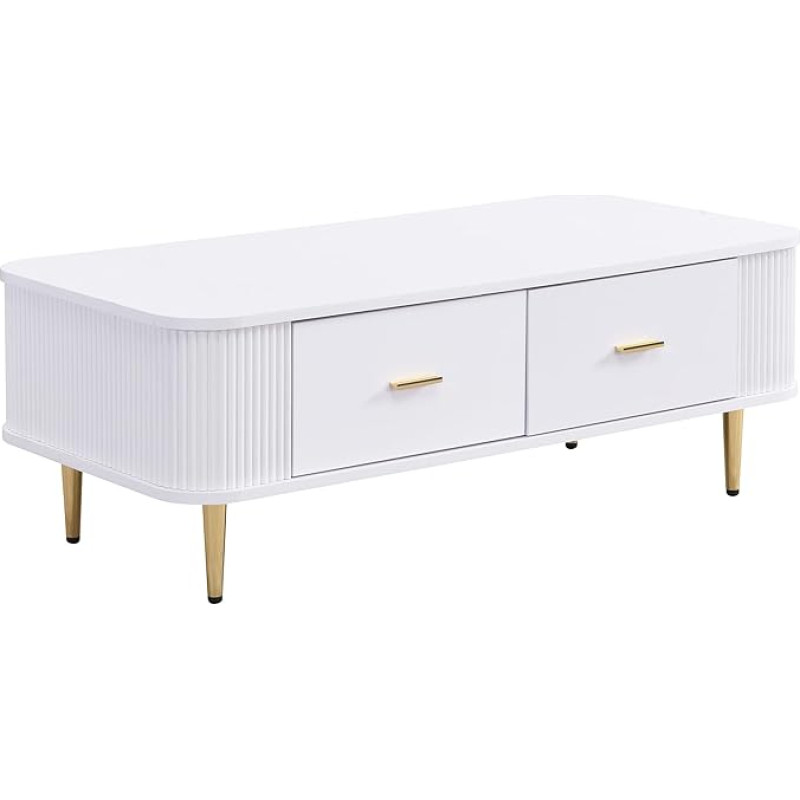 Merax Coffee Table 105 x 51 x 38 cm with 4 Drawers, Golden Handles and Legs, Rounded Corners, MDF Material, Modern Design Side Table for Living Room, White