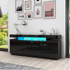 Senvoziii Black Sideboard Cabinet Matt Body & High Gloss TV Lowboard LED Lighting Chest of Drawers with 2 Doors 3 Drawers 160 cm for Living Room Dining Room