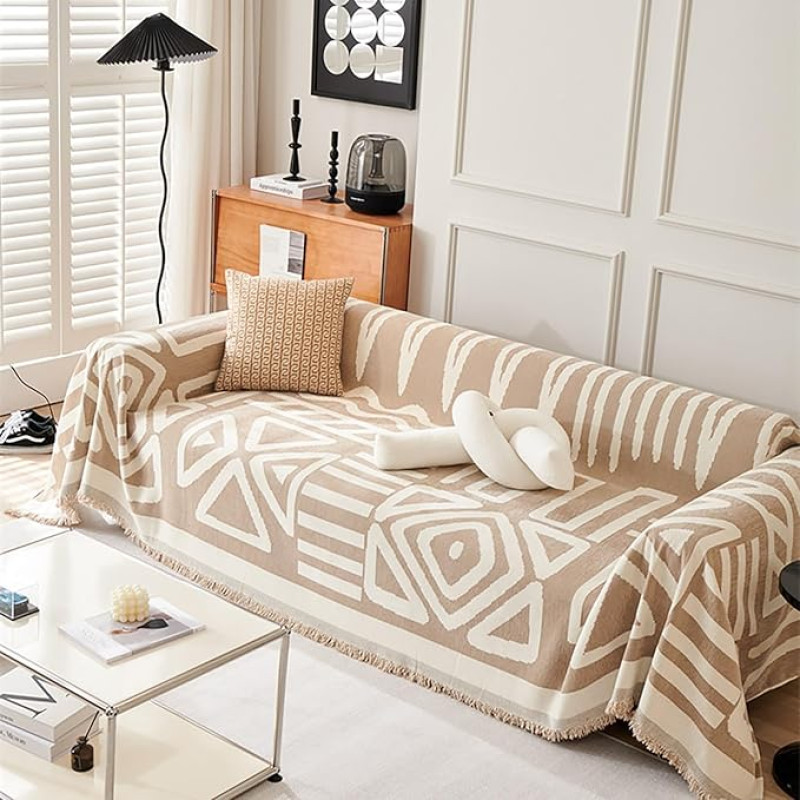 LRUPVEG Boho Sofa Cover Mit Quasten Moderne Geometrische Jacquard Möbel Couch Protector Für 2 3 4 Sitz Sofa Set Waschbar Haustier Slipcover Für Schlafzimmer Wohnzimmer(Khaki,70 * 165in)