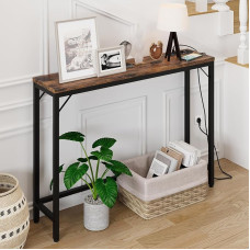 Garvee Console Table with Power Strip and USB Ports, Narrow Console Table with Charging Station, Side Table, for Foyers, Hallways, 100 x 23 x 80 cm, Vintage Brown and Black