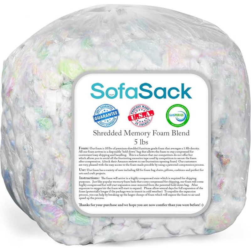 Sofa Sack Foam Refill - Memory Foam Filling for Bean Bags, Dog Beds and Pillows, 5 Lb, Multi-Colour