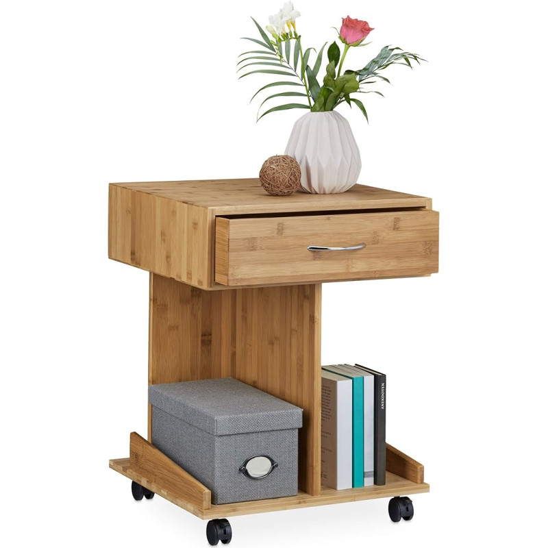 Relaxdays Rolli Bamboo Side Table with wheels, Drawer, 2 Shelves For Books, Hxwxd: ca 56.5 x 43 x 46 cm, Natural Brown, Bamboo