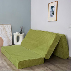 MAXYOYO Foldable Corduroy Mattress, Tri-Fold Floor Mattress, Thick, with Washable Cover, Space Saving for Guests (Olive, 135 x 190 cm-10 cm)