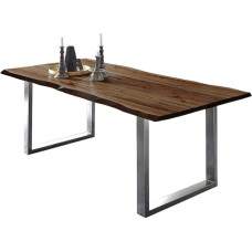SAM ULM Dining Room Table 140 x 80 cm Wane Table Walnut Coloured Acacia Wood Solid U-Frame Brushed Stainless Steel