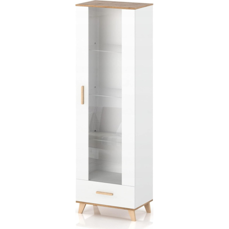 VBChome Display Cabinet 60 x 192 x 52 cm White Display Cabinet with Three Glass Compartments and 1 Drawer 1 Door Wooden Handles Multi-Purpose Cabinet for Hallway Bedroom Living Room Children's Room